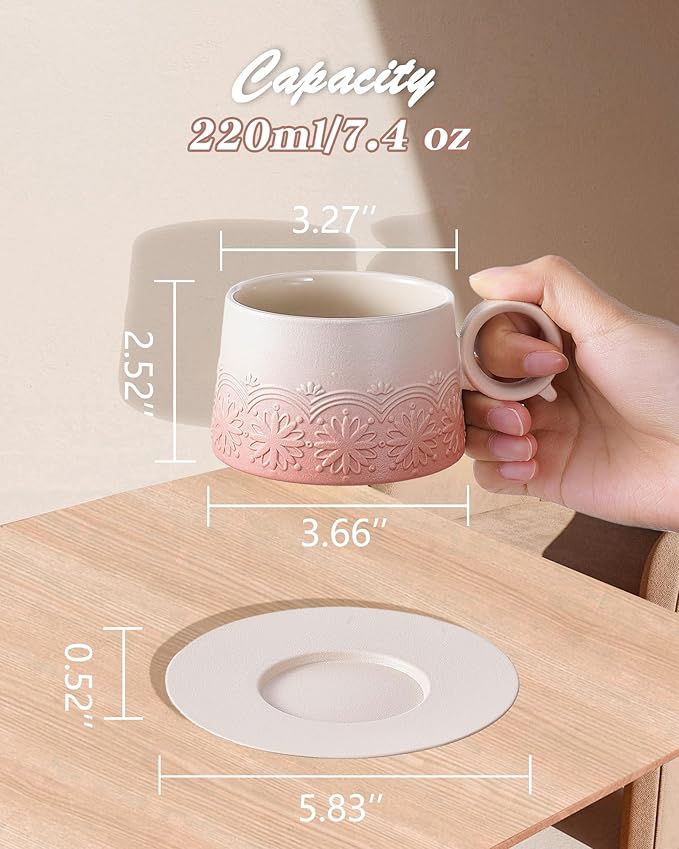 ZENS 7.3 Ounce Cappuccino Cups Set of 2, Artistic Embossed Cappuccino Mug with Saucers, Ceramic Coffee Cups for Double Espresso, Au Lait, Latte or Tea, Coffee Lovers Gifts, Pale Pink