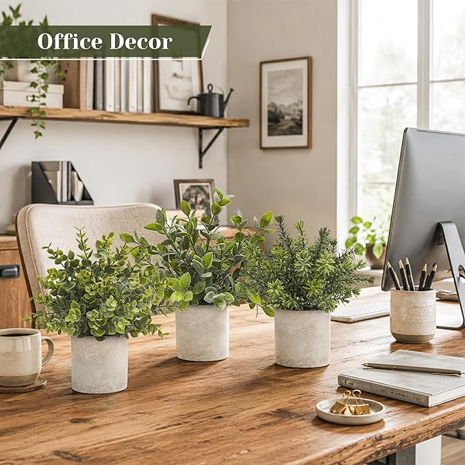Der Rose 3 Pack Mini Potted Fake Plants Artificial Plastic Eucalyptus Plants Topiaries for Home Office Desk Farmhouse Shelf Room Bathroom Decor(Sage Green)