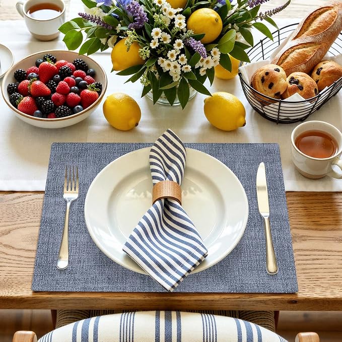 homing Faux Leather Heat Resistant Placemats 4 Packs, Waterproof Wipeable Dining PU Place Mats for Indoor & Outdoor, Easy to Clean, Denim Blue