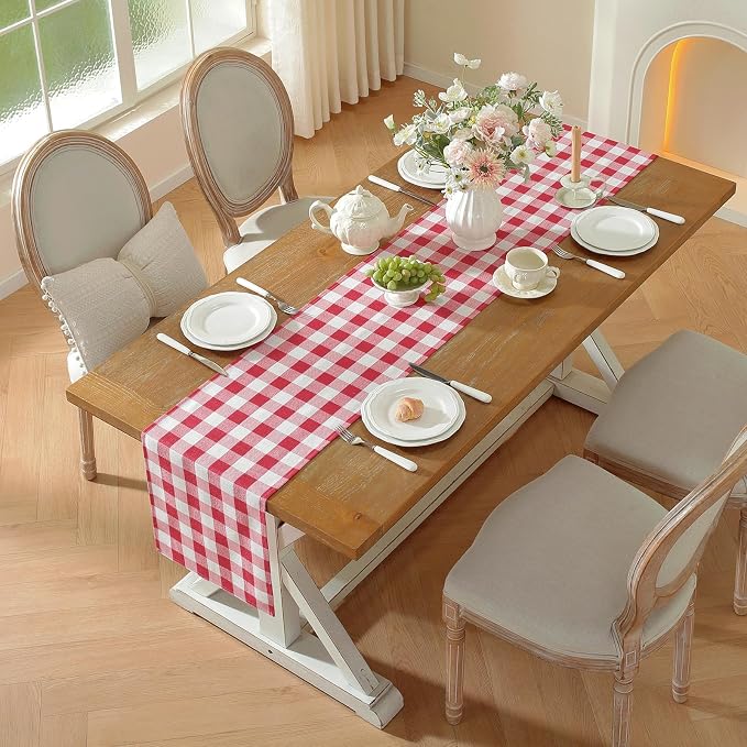 Laolitou Red Checkered Table Runner, Cotton Linen Gingham Table Runners, Classic Buffalo Plaid Farmhouse Table Decor, 13x72 Inches