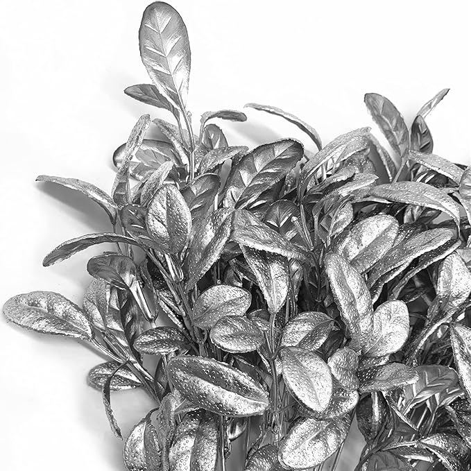 CATTREE Artificial Silver Leaves Christmas Plants 4 Pack, Plastic Leaf Bouquet Faux Gold Plant Fake Shrubs Simulation Bushes for Wedding Hall Table Centerpieces Floral Arrangement Filler DIY Décor