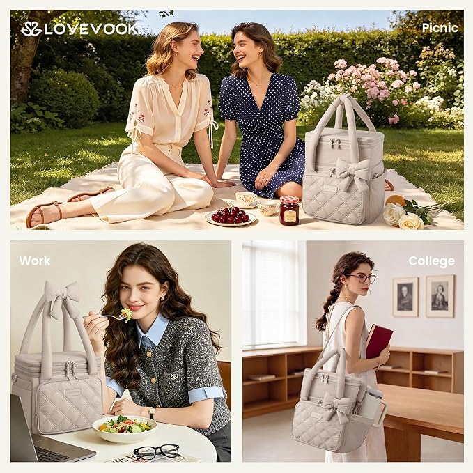 LOVEVOOK Insulated Lunch Bag Women,Expandable Double Deck Adult Lunch Box Women with Cup Holder,Bow Quilted Puffer Lunch Tote,Large Leakproof Collapsible Cooler Bag for Work College Picnic Meal Prep