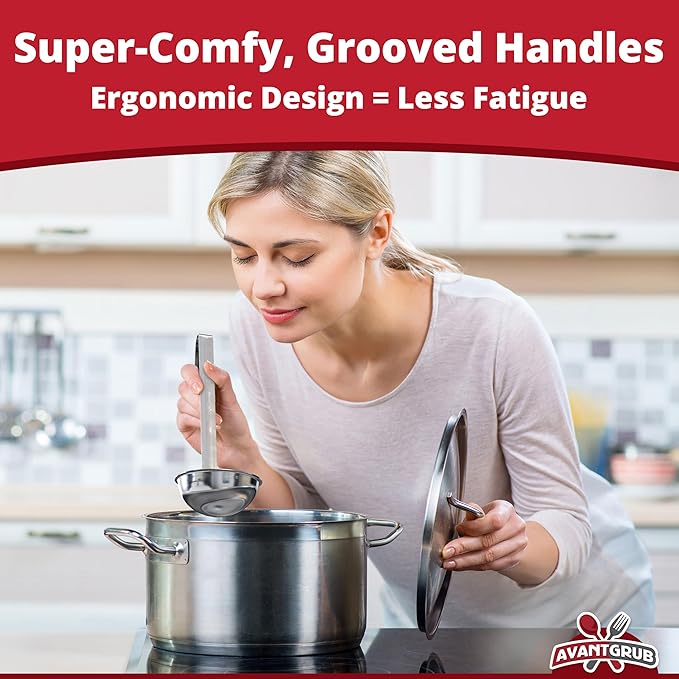 Super Sturdy, Ergonomic 2 Oz. Soup Ladle 5 Pk. Stainless Steel Ladles with Long Handles. Best Kitchen Accessories for Stirring, Portioning and Serving Soups, Chili and Stew in Restaurants and at Home
