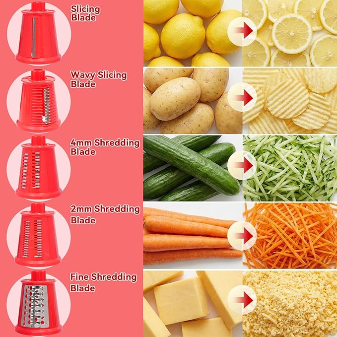 Upgrade Rotary Cheese Grater Shredder with Handle, Strong Suction Base, Multi-purpose Rotary Grater Slicer with 5 Interchangeable Blades for Ice, Vegetables, Fruit, Nuts with Blade Storage Box