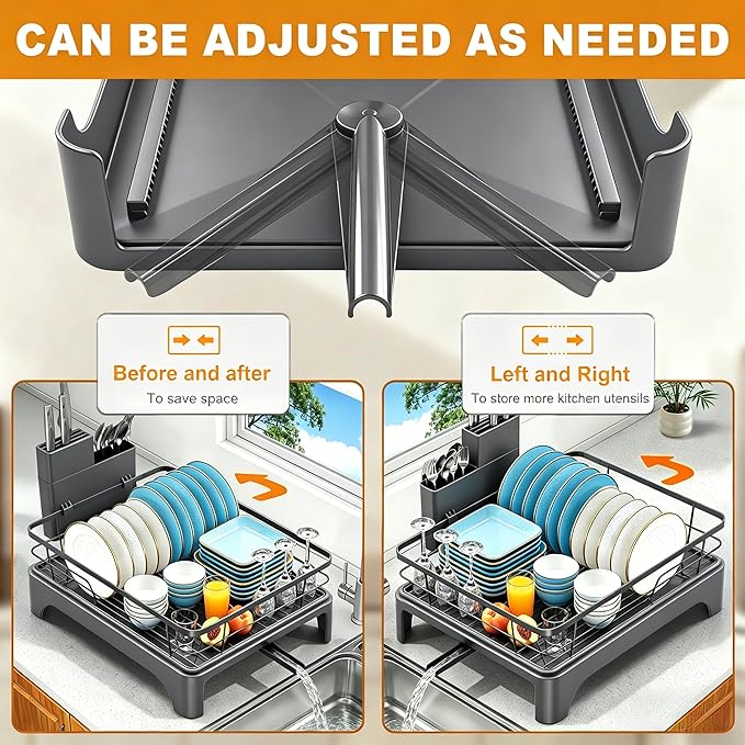 Dish Drying Rack for Kitchen Counter, Dish Rack, Dish Drainer for Kitchen with Built-in Drain, Stainless Steel Sink Organization and Storage Essentials with Cutlery Holder (17" x 13.4", Gray)