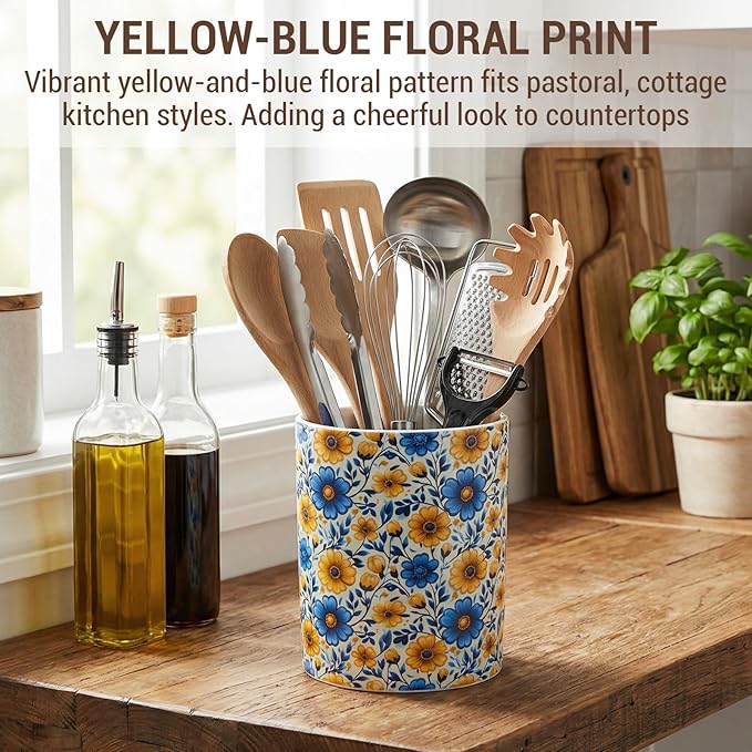 MyGift Vibrant Blue and Yellow Floral Ceramic Kitchen Utensil Holder – Decorative Crock for Cooking Utensils, Flatware, and Countertop Storage