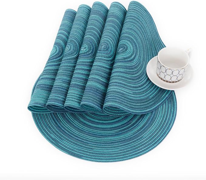 SHACOS 15 inch Round Placemats Set of 4 Variegated Multicolor Place Mats Cotton Polyester Braided Non Slip Washable Heat Resistant Table Mats for Home Wedding Dinner Party Table Decor, Rainbow Teal