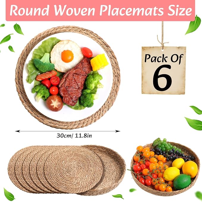 Boho Placemats 4/6/8 Set of Round Woven Placemat Macrame Style Bicolor Stitching Long Table Runner Farmhouse Rustic Natural Burlap Cotton for Kitchen Dining Table(6 Sets,Pink,12x72)