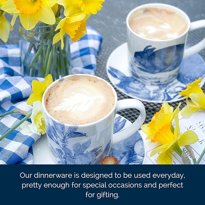 Caskata Bunnies Blue Oversized Mugs Set of 4 | High-Design Premium Lead-Free Porcelain Mug Set for Entertaining or Everyday | Unique Party Mugs for Wedding or Birthdays | 14 oz