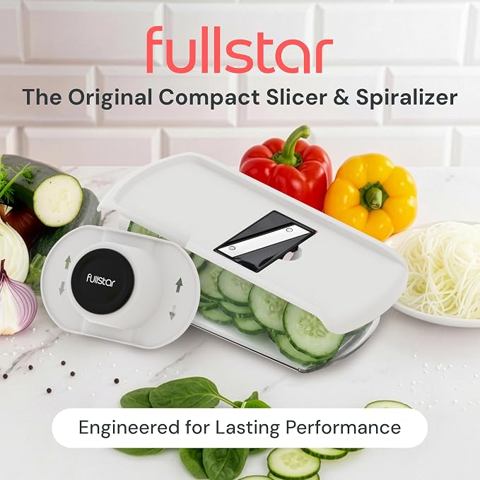 Fullstar Mandoline Slicer for Kitchen, Fruit Cutter, Cheese Grater, Cucumber Slicer, Veggie Spiralizer, Food Cutter & Kitchen Gadgets & Gifts with Safety Glove (11 in 1, White)