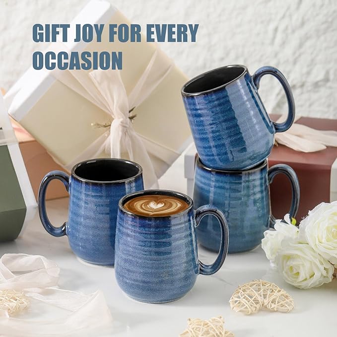 HASENSE Coffee Mugs, 12 Ounce Ceramic Coffee Mug Set of 6, Reactive Glaze Tea Cups with Handle for Milk, Hot Cocos, Latte, Stylish Blue Cup Gift for Man and Women, Dishwasher and Microwave Safe