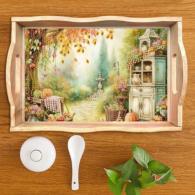 DIY Diamond Serving Tray Diamond Art Painting Creative Design Handmade Wooden Tray Dinner Plate for Coffee Breakfast Home Organizer-Autumn Garden