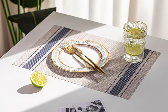 LEXMORE Placemats Set of 8 Vinyl/Plastic Woven Place Mats for Kitchen Table Indoor/Outdoor Washable Placemat Wipeable Dining Table Mats(Blue Skyline)