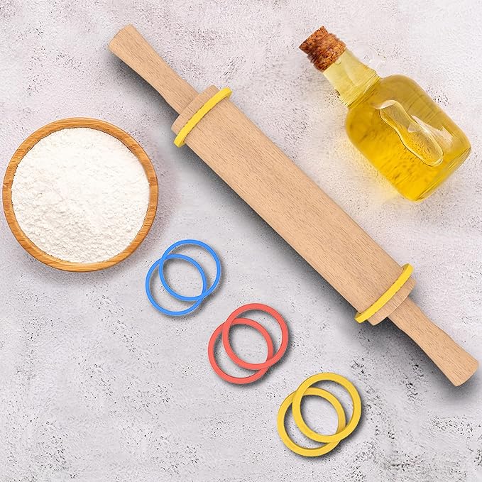 Classic Wooden Rolling Pin with Handle and Pastry Mat for Fondant, Pizza, Pies, Cookies, Rolling Pin for Baking with 3 Multi-Color Thickness Rings, 17" x 2.5" Natural Beechwood