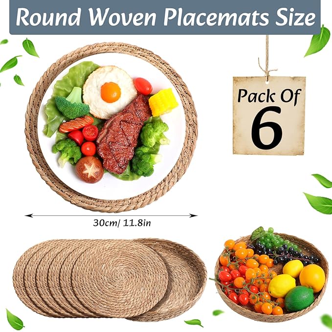 Boho Placemats 4/6/8 Set of Round Woven Placemat Macrame Style Bicolor Stitching Long Table Runner Farmhouse Rustic Natural Burlap Cotton for Kitchen Dining Table(6 Sets,Blue,12x72)