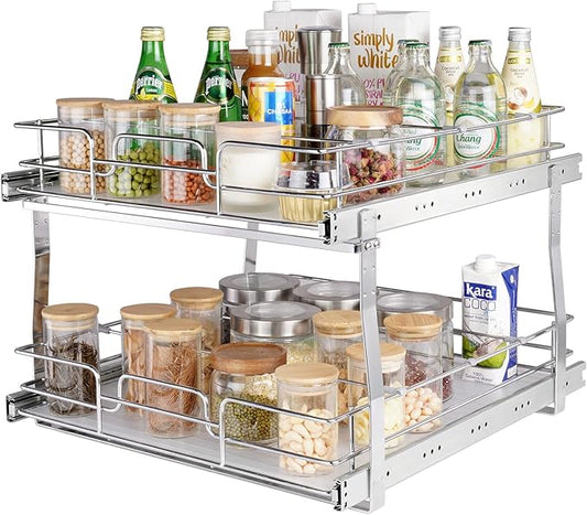 VEVOR 2 Tier 20"Wx21.2"Dx15.2"HPull Out Cabinet Organizer, Heavy Duty Slide Out Pantry Shelves, Steel Roll Out Drawers, Sliding Drawer Storage for Home, 21.5"Wx22.5"Dx19"H Install Size for Cabinet