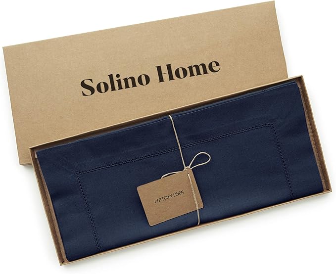 Solino Home Navy Blue Table Runner 120 Inches Long - Cotton Linen Hemstitch 14 x 120 Inch Table Runner for Dining, Spring, Summer, 4th of July