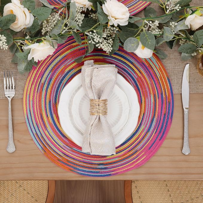 SHACOS 15 inch Round Placemats Set of 6 Variegated Multicolor Place Mats Cotton Polyester Braided Non Slip Washable Heat Resistant Table Mats for Home Wedding Dinner Party Table Decor, Rainbow Pink