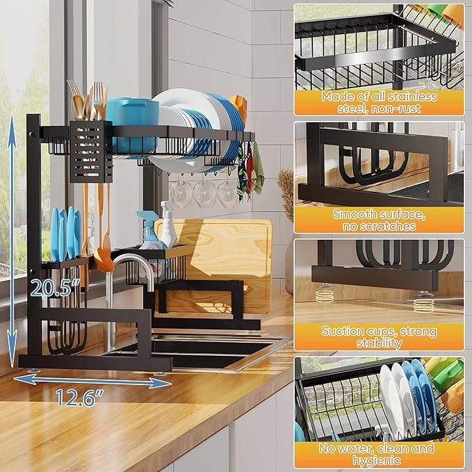PUSDON Over the Sink Dish Drying Rack, 2 Tier Adjustable Large Capacity Stainless Steel Dish Rack for Kitchen Counter, Heavy Duty Space Saver Organizer with Utensil Holder, Black