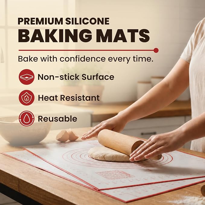 Silicone Baking Mat, Full Sheet Non-Stick Pastry & Dough Mat with Measurement Guides, Silicone Mat & Baking Essentials, 15" x 23"(Pack of 2)