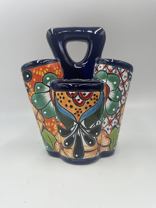 Generic Mexican Artisans Talavera Multicolor Ceramic Utensil Holder with 4 Compartments - Unique and Authentic Mexican Artwork, Colorful Kitchen Utensil Storage Pottery