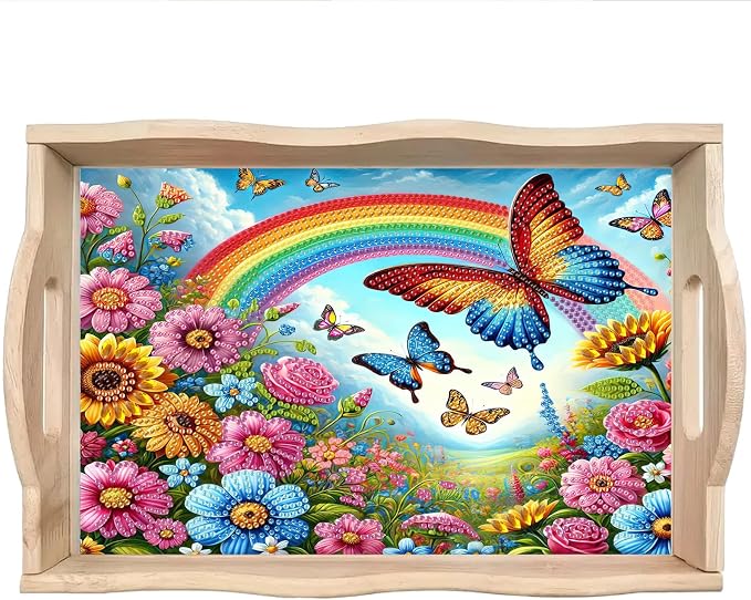 BAYUNOE DIY Diamond Serving Tray Rectangular Breakfast Tray with Handle Handmade Diamond Art Painting Wooden Tray Spring Creative Dinner Plate Coffee Room Living Home Organizer-Rainbow Butterfly Bush
