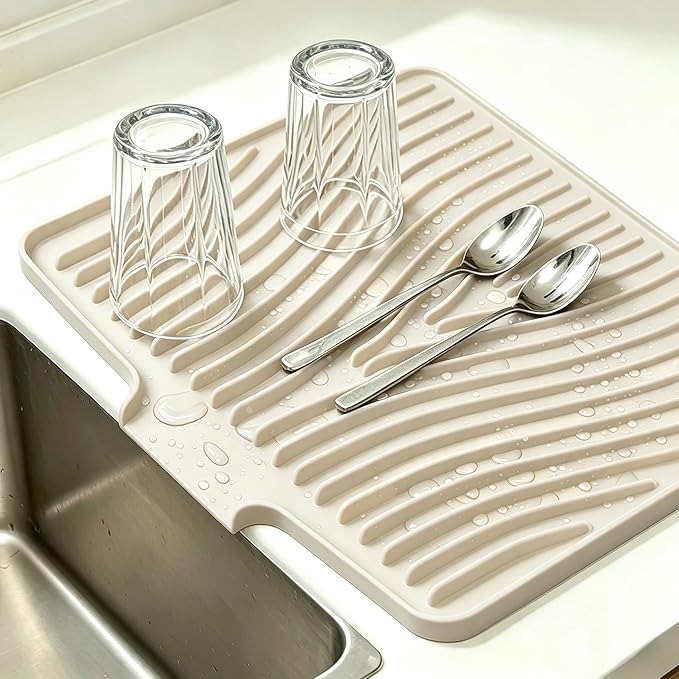 Silicone Dish Drying Mat,Dish Drying Pad,Kitchen Accessories,with Built-In and Non-Slip Drain,Easy Clean, Fit for Kitchen, Bar, RV, Refrigerator and Drawer Liner, 19.7*17 in Off White 1PCS by EBIGIC