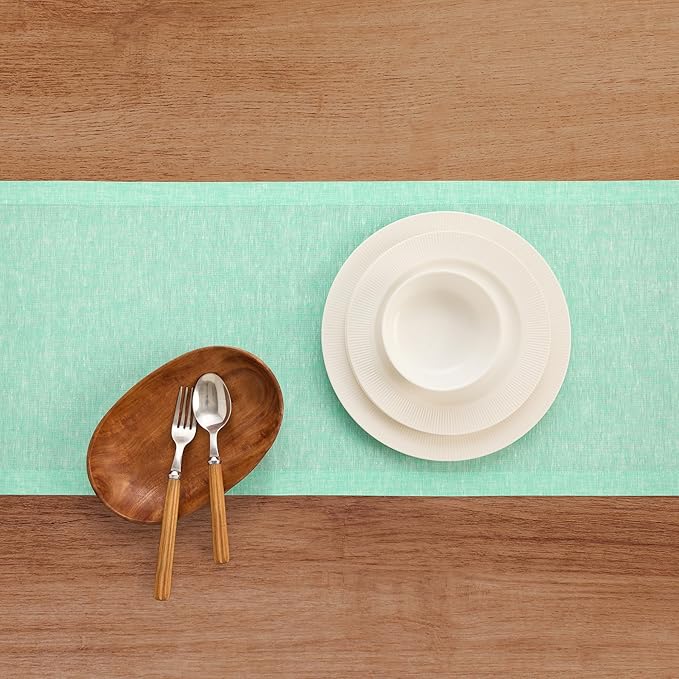 Solino Home Linen Table Runner 36 Inches - 100% Pure Linen Chambray Aqua Table Runner 14 x 36 Inch Ideal for Dresser and Coffee Tables - Athena, Spring, Summer