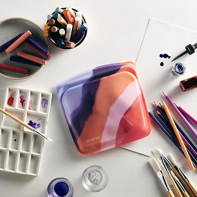 Stasher Silicone Reusable Storage Bag, Sandwich Bag, Reusable Freezer Bags, Microwave, Dishwasher, Oven Safe, Sous Vide, Lunch Container, Eco Friendly, Leak-free, Food Storage Bags, 28 oz, Purple Wave | Reusable Food Bag