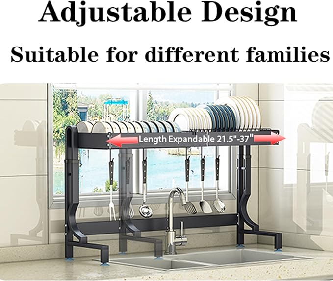 Over the Sink Dish Drying Drainer Rack - Height & Width Adjustable Large Capacity Stainless Steel Kitchen Storage Organization Plate Strainers Above Kitchen Counter (W21.2-37" ~ H18.5-22" Black)