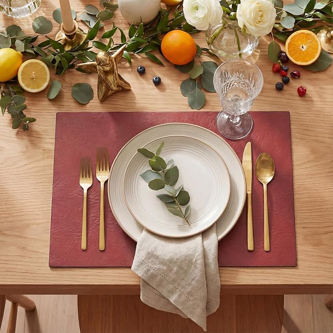 Artoid Mode Red Faux Leather Placemats Set of 6, 12x18 Inch Waterproof Wipeable Heat Resistant Vinyl Place Mats, Reversible Table Mats for Christmas Kitchen Dining Decor