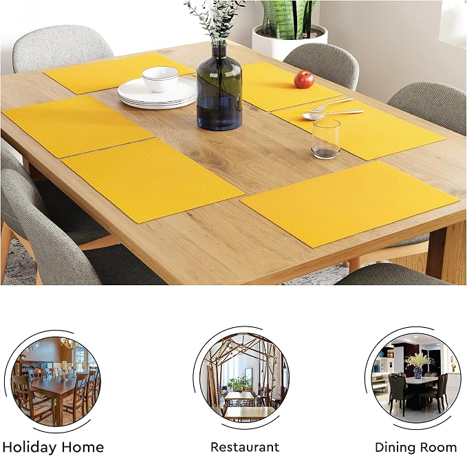 Encasa XO Dining Placemat Set of 6 | Yellow Color | Fine Ribbed Cotton Table mat | Size 19x13 in | Machine Washable