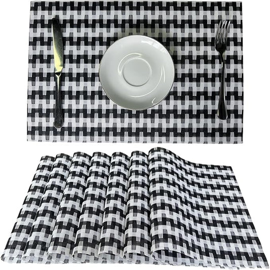 Placemat,Blending Color Durable Woven Vinyl Placemat Washable Heat-Resistant Anti-Skid Kitchen Dining Table Mats Set of 8, Black White
