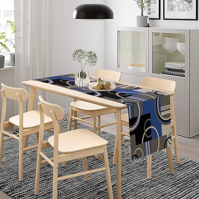 Modern Geometric Table Runner Abstract Blue Black Gray Minimalist Contemporary Geometry Circle Swirls Dinner Runner for Kitchen Dining Holiday Party Decor 13x120in
