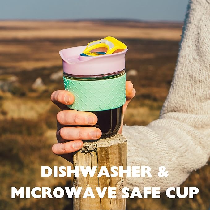 Reusable Strengthened Glass Travel Cup - Spill Proof Coffee Mug - 12oz/340ml BPA-Free Hot Drink Travel Mug with Lid & Silicone Band (Ice Cream, 12oz)