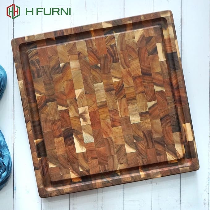 Medium 14" Square, 1.5" Thick Acacia End Grain Cutting Board, Wooden Chopping Board for Meat, Cheese and Charcuterie Board Built-in Handles with Juice Grooves, Durable, Easy Clean Kitchen Gift