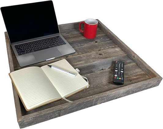 Wooden Ottoman Tray with Felt Pad – Decorative Couch Serving Tray Made with Real Rustic Reclaimed Wood - Perfect for Living Room Ottomans, Sofas, & Coffee Tables -24" x 24" - Natural Weathered Gray