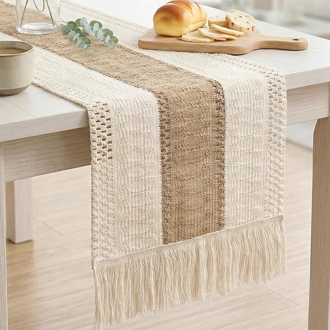 OurWarm Splicing Burlap Table Runner Farmhouse Style, Boho Table Runner Modern Farmhouse Decor Rustic Woven Cotton Crochet Lace for Bohemian, Rustic, Wedding, Bridal Shower, Dinner, 108 inch