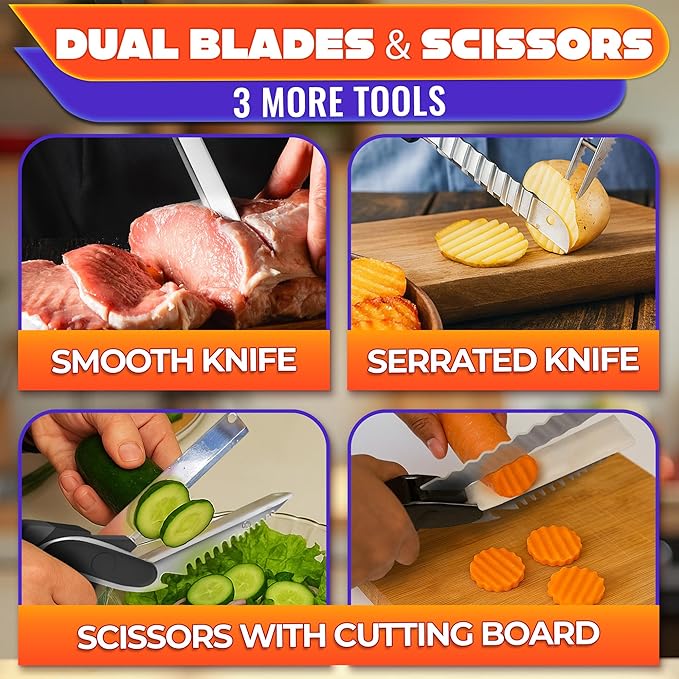 Cutting Board Scissors for Food – 7-in-1 Kitchen Food Scissors with Ribbed & Flat Blades for Easy Meat, Fruits & Veggies Cutting and Decorative Slicing – Easy To Clean Kitchen Shears with Safety Lock
