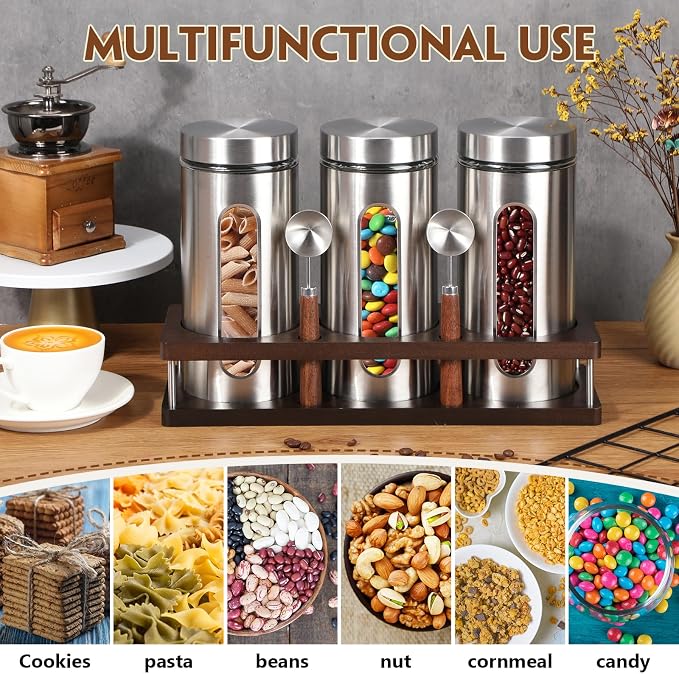 Suclain Stainless Steel Coffee Grounds Canisters with Shelf 3 x 50oz Sugar Coffee Bean Storage Container with Airtight Threaded Lid Glass Window Scoop Kitchen Jar Set for Bar Creamer Nut Tea