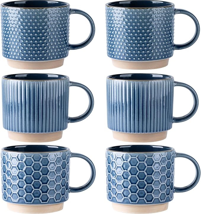 GBhome 12 OZ Stackable Coffee Mugs Set of 6, Ceramic Coffee Mugs with Texture Patterns for Man,Woman,Dad,Mom, Modern Coffee Cups for Latte/Cappuccino/Cocoa. Dishwasher&Microwave Safe