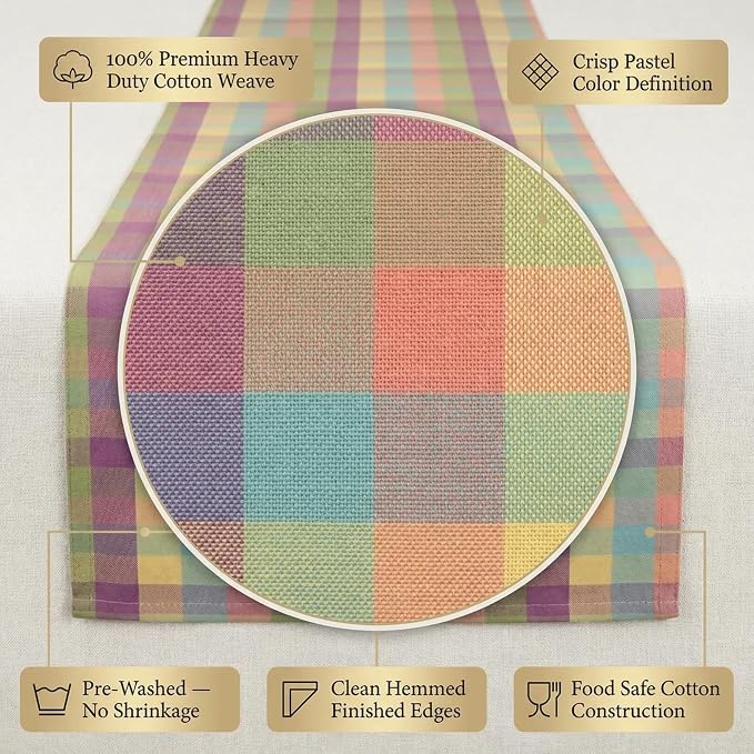 Urban Villa Easter Checks 100% Cotton Fused Table Runner, 14" x 72" Inches, Checkered/Plaid Pattern, Heavy Duty, Machine Washable, Eco-Friendly, Food Safe