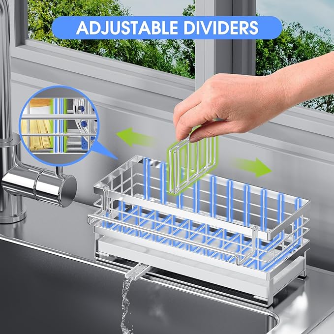 Kitchen Sink Sponge Holder - Self-Draining, Detachable Dish Cloth Holder, Rustproof Kitchen Countertop Organizer (Stainless Steel)