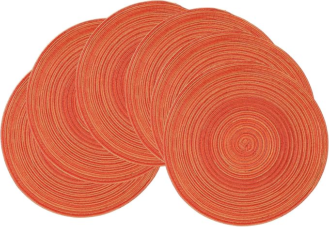 15'' Round Woven Placemats Set of 6, Natural Heat Resistant Washable Non-Slip Woven Table Mats -Orange