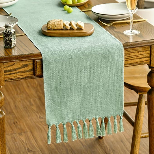 Artoid Mode Sage Green Tassel Table Runner, Spring Linen Blend Rustic Farmhouse Style Kitchen Table Decoration Holiday Wedding Party Dinning Decor 13x48 Inch