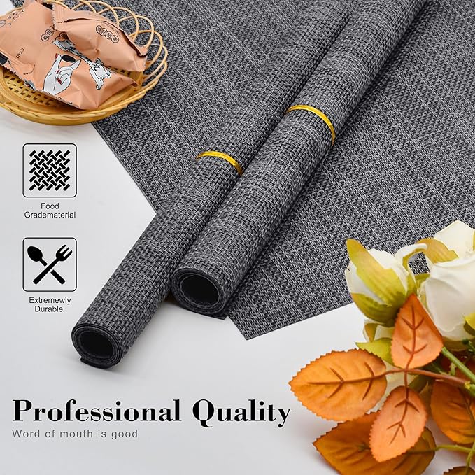 CADONO Placemats Set of 4 Washable Indoor/Outdoor Vinyl Place Mats for Dining Table Durable Non-Slip Heat Resistant PVC Weave Table Mats（Black）