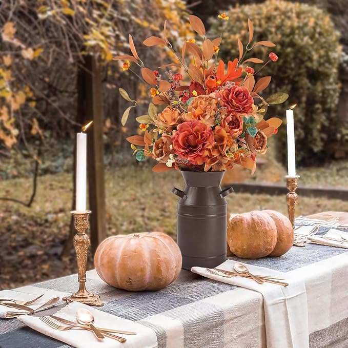 Krissing Artificial Fall Flowers with Metal Pot Faux Autumn Hydrangea Silk Flowers Bouquets with Fall Floral Stems Fall Flowers Arrangements for Table Centerpieces Vase Mantle Home Fall Decor
