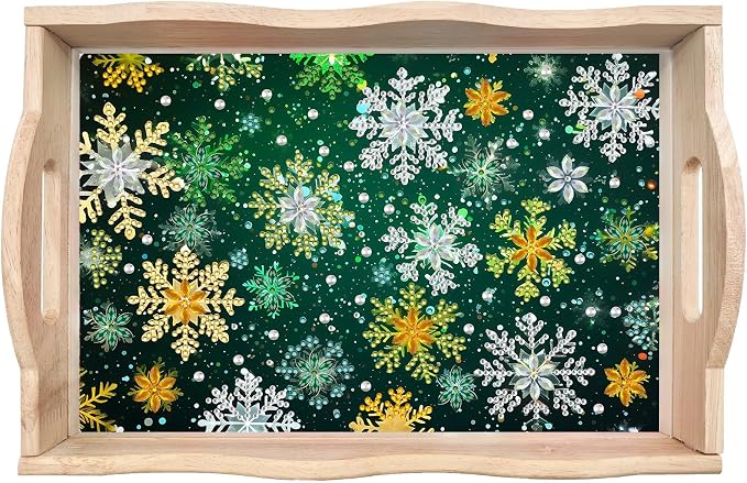 BAYUNOE DIY Diamond Serving Tray Christmas Rectangular Breakfast Tray with Handle Handmade Diamond Art Painting Wooden Tray for Dinner Plate Coffee Room Living Home Organizer-Snowflake