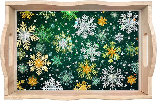 BAYUNOE DIY Diamond Serving Tray Christmas Rectangular Breakfast Tray with Handle Handmade Diamond Art Painting Wooden Tray for Dinner Plate Coffee Room Living Home Organizer-Snowflake