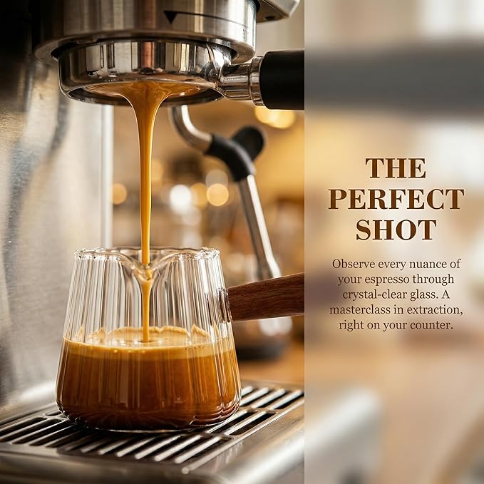 6 Oz Espresso Measuring Cup, Borosilicate Glass Espresso Shot Cup with Wood Handle, Clear Scale and V-Shaped Spout for Coffee, Milk Frothing, Syrup and Tea